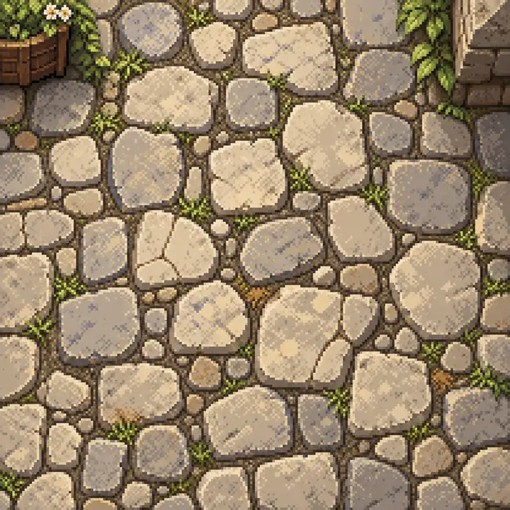 Une vue rapprochée du dessus de pavés clairs et irréguliers, représentés comme une tuile de jeu rétro riche en textures.