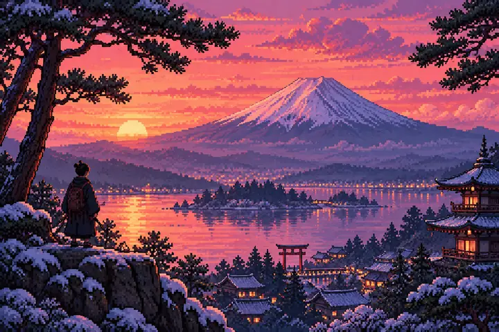 Le mont Fuji enneigé sous un coucher de soleil rose, encadré de pins sombres dans un pixel art rétro détaillé.