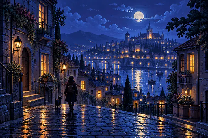 Une rue paisible aux tons indigo, avec des fenêtres lumineuses et des reflets, composée comme un pixel art 16-bit plein d’atmosphère.