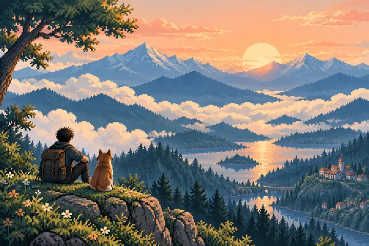 Un soleil couleur pêche se levant au-dessus de montagnes bleues superposées et de nuages crème, dans un pixel art accueillant aux couleurs limitées.