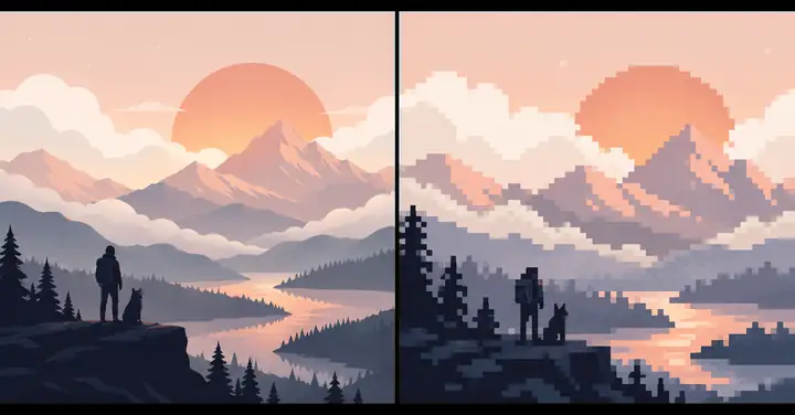Un lever de soleil pastel sur les montagnes, à côté d’une version en pixel art aux pixels plus marqués de la même scène nuageuse.