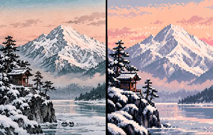 Une montagne enneigée présentée côte à côte sous forme de paysage détaillé et d’interprétation colorée en pixel art.