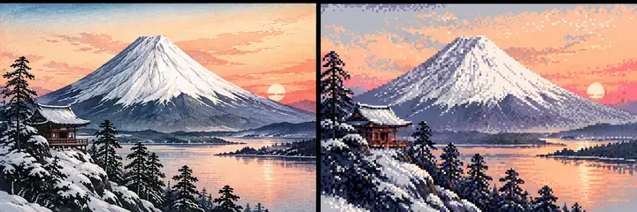 Le mont Fuji au coucher du soleil, à côté d’une interprétation en pixel art avec des pentes enneigées et des arbres sombres au premier plan.