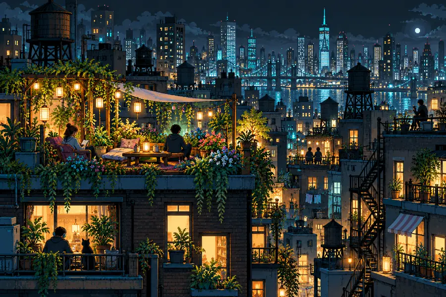 Night city pixel-art example with a busy composition