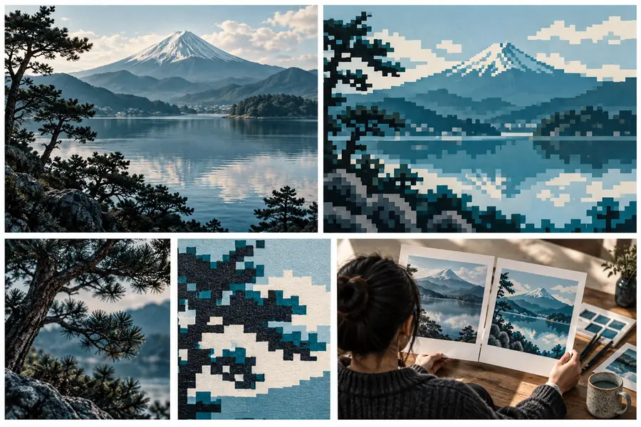 Scène de référence du mont Fuji présentée à côté d’une interprétation en pixel art