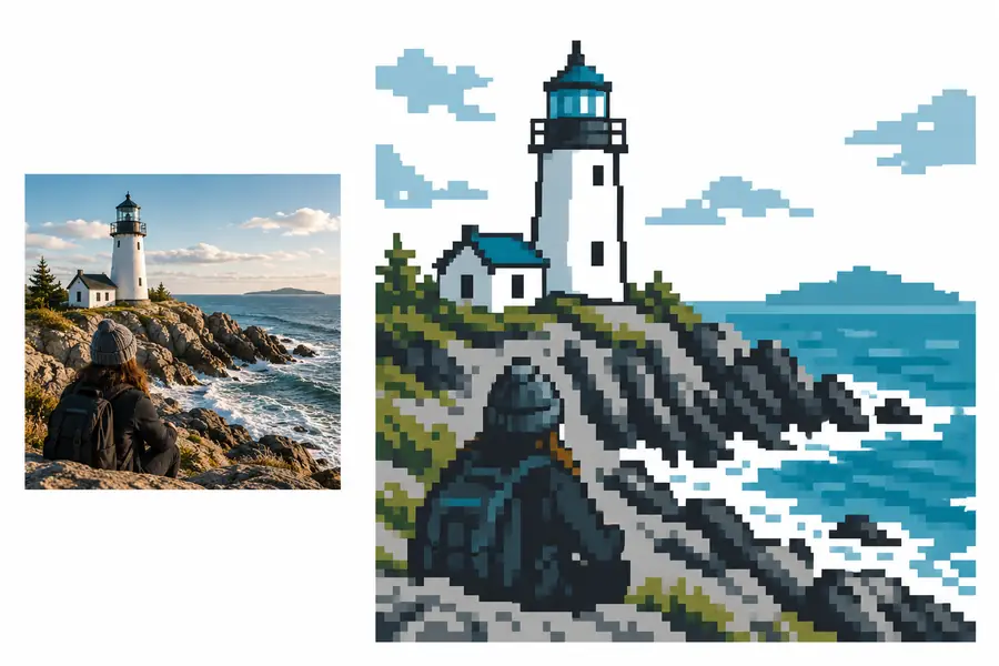 Pixel art mountain scene with a compact block structure