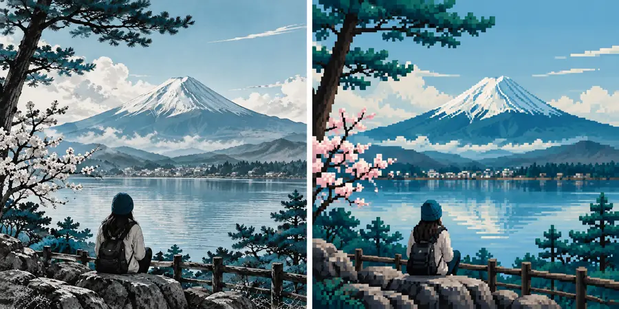 Illustrative Mount Fuji scene shown beside a pixel-style interpretation