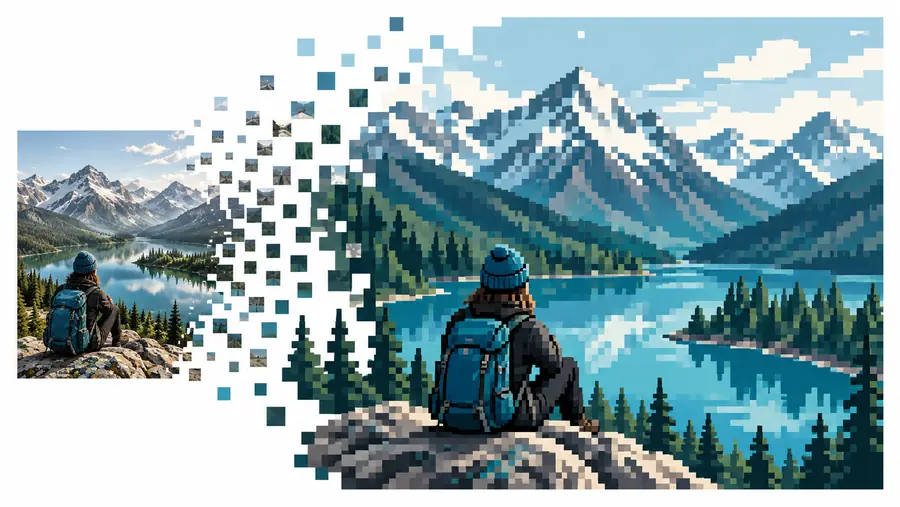 Pixel-style mountain landscape after simplification